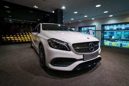 BERLIN - DECEMBER 21, 2017: Showroom. Compact car Mercedes-Benz A-Class A220 4M Peak Edition (W176)....