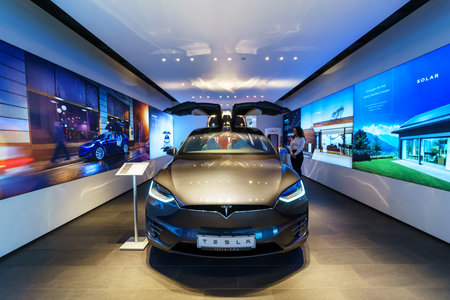 BERLIN - DECEMBER 21, 2017: Showroom. The full-sized, all-electric, luxury, crossover SUV Tesla...