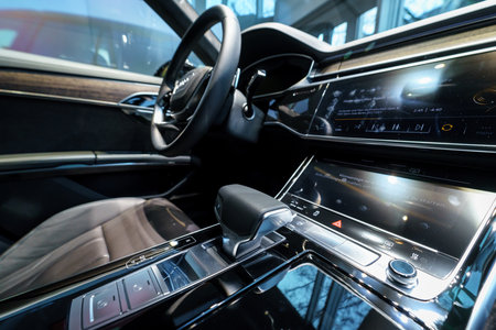 BERLIN - DECEMBER 21, 2017: Showroom. Interior of the full-size luxury car Audi A8 3.0 TDI quattro (286PS). Since 2018.のeditorial素材