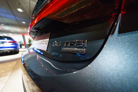 BERLIN - DECEMBER 21, 2017: Showroom. Emblem of the mid-size luxury car Audi A7 Sportback 55 TFSI...