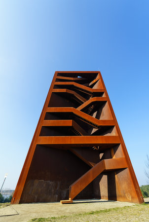 SENFTENBERG, GERMANY - FEBRUARY 07, 2018: Attractions near the lake Sedlitzer See and Sornoer Canal - Rostiger Nagel (Rusty nail). The construction uses COR-TEN steel.のeditorial素材