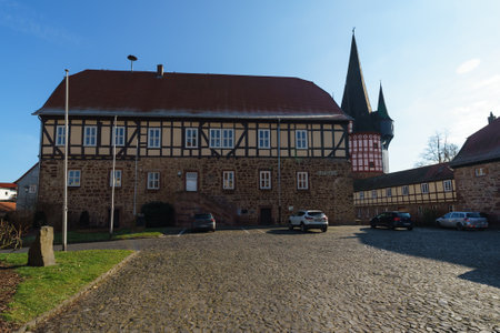 NEUSTADT (HESSE), GERMANY - FEBRUARY 18, 2018: Typical architecture and buildings in the old town. Town hall.のeditorial素材
