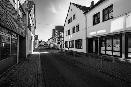 NEUSTADT (HESSE), GERMANY - FEBRUARY 18, 2018: Typical architecture and buildings (Timber framing) in the old town. Black and white.のeditorial素材