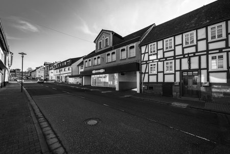 NEUSTADT (HESSE), GERMANY - FEBRUARY 18, 2018: Typical architecture and buildings (Timber framing) in the old town. Black and white.のeditorial素材