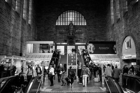 STUTTGART, GERMANY - MARCH 04, 2017: Interior of the building of the central railway station. Black and white.のeditorial素材