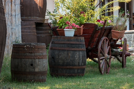 Rural courtyard. Wooden old cart and birch barrels.の写真素材