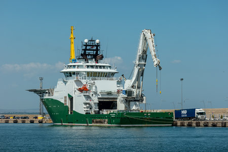 BURGAS, BULGARIA - AUGUST 20, 2017: An Inspection, Maintenance and Repair (IMR) vessel Havila Subsea (Offshore Supply Ship) in the seaport of Burgas.のeditorial素材