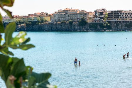 SOZOPOL, BULGARIA - AUGUST 24, 2017: A view of the town and the beach of Sozopol in the ancient seaside town on the southern Bulgarian Black Sea Coast.のeditorial素材
