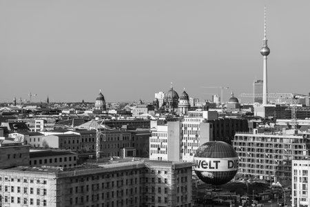 BERLIN, GERMANY - APRIL 08, 2018: A bird's-eye view of historic quarters in the center of Berlin. Black and white.のeditorial素材