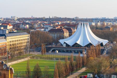 BERLIN, GERMANY - APRIL 08, 2018: A bird's-eye view of residential districts in the center of Berlin and the event venue building - Tempodrom.のeditorial素材