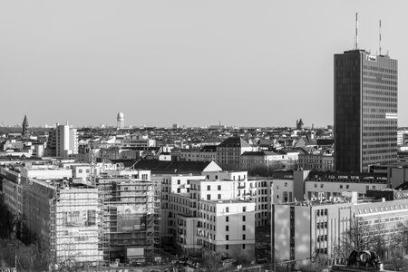 BERLIN, GERMANY - APRIL 08, 2018: A bird's eye view of the central districts of Berlin. Black and white.のeditorial素材