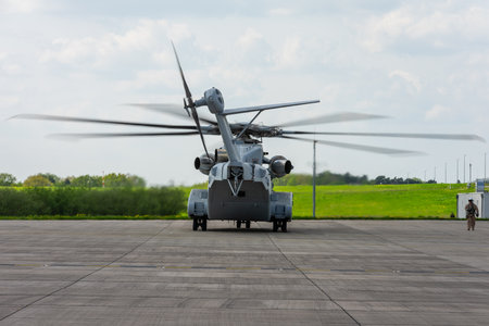 BERLIN, GERMANY - APRIL 27, 2018: Heavy-lift cargo helicopter Sikorsky CH-53K King Stallion on the airfield. Exhibition ILA Berlin Air Show 2018のeditorial素材
