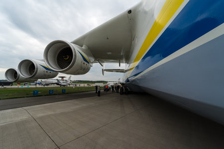 BERLIN, GERMANY - APRIL 25, 2018: Strategic airlifter Antonov An-225 Mriya by Antonov Airlines on the airfield. Exhibition ILA Berlin Air Show 2018のeditorial素材