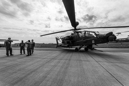 BERLIN, GERMANY - APRIL 25, 2018: Attack helicopter Boeing AH-64D Apache Longbow. US Army. Black and white. Exhibition ILA Berlin Air Show 2018のeditorial素材