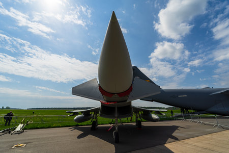 BERLIN, GERMANY - APRIL 25, 2018: Multirole fighter Eurofighter Typhoon. Exhibition ILA Berlin Air Show 2018のeditorial素材