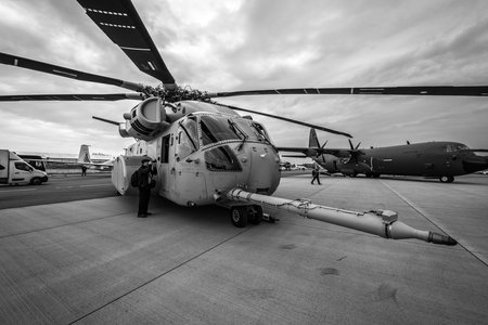 BERLIN, GERMANY - APRIL 25, 2018: Heavy-lift cargo helicopter Sikorsky CH-53K King Stallion by United States Marine Corps on the airfield.Black and white. Exhibition ILA Berlin Air Show 2018のeditorial素材
