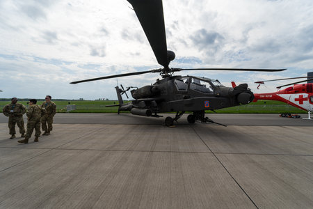 BERLIN, GERMANY - APRIL 25, 2018: Attack helicopter Boeing AH-64D Apache Longbow. US Army. Exhibition ILA Berlin Air Show 2018のeditorial素材