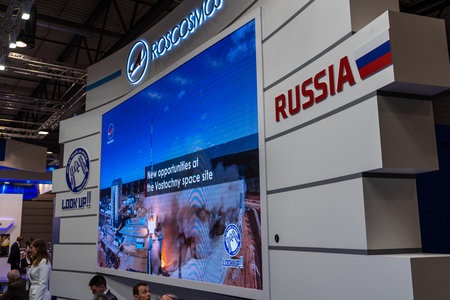 BERLIN, GERMANY - APRIL 25, 2018: Stand of the company Roscosmos (Roscosmos State Corporation for Space Activities, Russia). Exhibition ILA Berlin Air Show 2018のeditorial素材