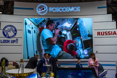 BERLIN, GERMANY - APRIL 25, 2018: Stand of the company Roscosmos (Roscosmos State Corporation for...