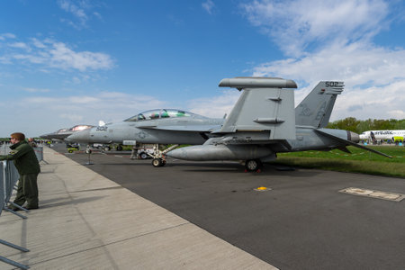 BERLIN, GERMANY - APRIL 25, 2018: Electronic warfare aircraft Boeing EA-18G Growler. United States Navy. Exhibition ILA Berlin Air Show 2018.のeditorial素材