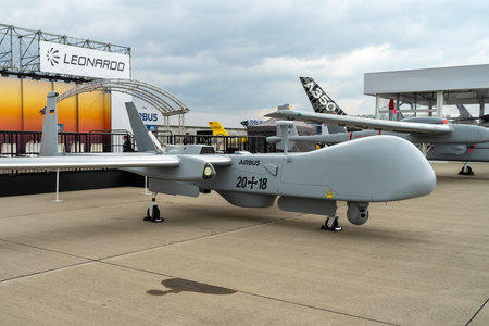 BERLIN, GERMANY - APRIL 25, 2018: Unmanned aerial vehicle IAI Heron (Machatz-1). Exhibition ILA...