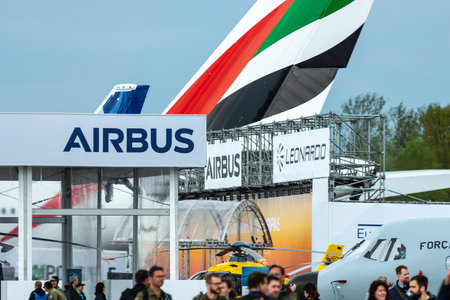 BERLIN, GERMANY - APRIL 25, 2018: Stand of the European multinational corporation company Airbus. Exhibition ILA Berlin Air Show 2018のeditorial素材
