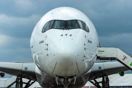 BERLIN, GERMANY - APRIL 25, 2018: Fragment of wide-body jet airliner Airbus A350 XWB. Exhibition ILA...