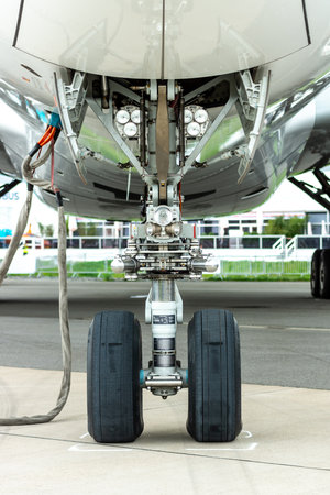 BERLIN, GERMANY - APRIL 25, 2018: Landing gear of wide-body jet airliner Airbus A350 XWB. Exhibition...