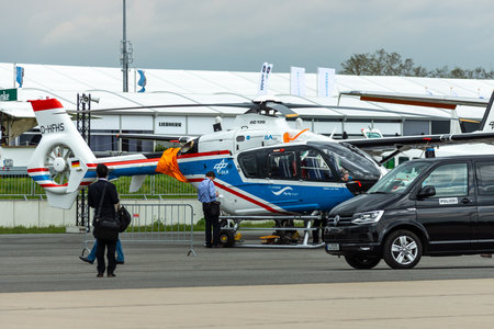 BERLIN, GERMANY - APRIL 25, 2018: Light utility helicopter Eurocopter EC135 by German Aerospace Center. Exhibition ILA Berlin Air Show 2018.のeditorial素材