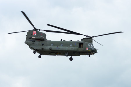 BERLIN, GERMANY - APRIL 26, 2018:  Demonstration flight of transport helicopter Boeing CH-47 Chinook. Royal Air Force. Exhibition ILA Berlin Air Show 2018のeditorial素材