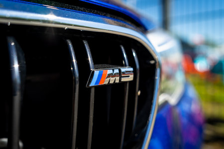 BERLIN - MAY 06, 2018: Exterior detail of the mid-size luxury car BMW M5 Limousine (F90). Close-up....