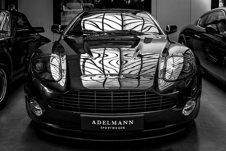 BERLIN - MAY 06, 2018: Super grand tourer car Aston Martin Vanquish S, 2005. Black and white....