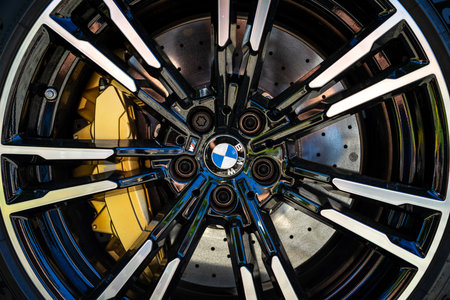 BERLIN - MAY 06, 2018: Detail of the front brake system of a mid-size luxury car BMW M5 Limousine (F90). Close-up. Exhibition 31. Oldtimertage Berlin-Brandenburg (31th Berlin-Brandenburg Oldtimer Day).のeditorial素材