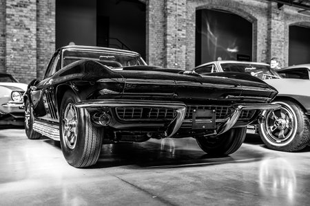 BERLIN - MAY 06, 2018: Sports car Chevrolet Corvette Sting Ray (C2). Black and white. Exhibition 31. Oldtimertage Berlin-Brandenburg (31th Berlin-Brandenburg Oldtimer Day).のeditorial素材