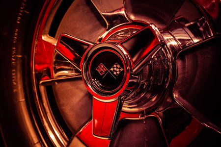 BERLIN - MAY 06, 2018: Wheel hub part of a sports car Chevrolet Corvette Sting Ray (C2). Close-up. Exhibition 31. Oldtimertage Berlin-Brandenburg (31th Berlin-Brandenburg Oldtimer Day).のeditorial素材