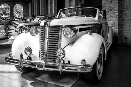 BERLIN - MAY 06, 2018: Full-size car Buick Special Series 40. Black and white. Exhibition 31. Oldtimertage Berlin-Brandenburg (31th Berlin-Brandenburg Oldtimer Day).のeditorial素材