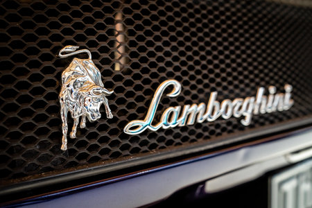 BERLIN - MAY 06, 2018: Rear emblem of a sports car Lamborghini Diablo GT, 2001. Exhibition 31. Oldtimertage Berlin-Brandenburg (31th Berlin-Brandenburg Oldtimer Day).のeditorial素材