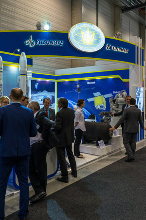 BERLIN - APRIL 26, 2018: Space Pavilion. Stand of Yuzhnoye Design Office. Ukraine. Exhibition ILA Berlin Air Show 2018のeditorial素材