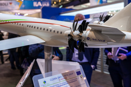 BERLIN - APRIL 26, 2018: Stand of Leonardo. Concept aircraft for the program Clean Sky 2. Exhibition...