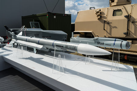 BERLIN - APRIL 26, 2018: Samples of weapons, various cruise missiles from MBDA. Exhibition ILA Berlin Air Show 2018のeditorial素材