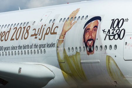 BERLIN - APRIL 26, 2018: The largest passenger airliner in the world Airbus A380. Emirates Airline. Exhibition ILA Berlin Air Show 2018のeditorial素材