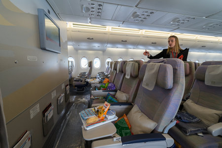 BERLIN - APRIL 26, 2018: Children's menu in the economy class of the world's largest aircraft Airbus A380. Emirates Airline. Exhibition ILA Berlin Air Show 2018のeditorial素材