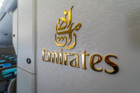 BERLIN - APRIL 26, 2018: Emblem of Emirates Airline on the world's largest aircraft Airbus A380. Exhibition ILA Berlin Air Show 2018のeditorial素材