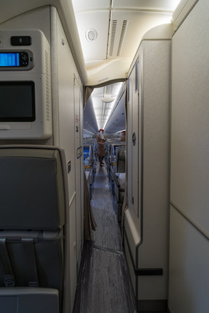 BERLIN - APRIL 26, 2018: Interior of the world's largest aircraft Airbus A380. Emirates Airline. Exhibition ILA Berlin Air Show 2018のeditorial素材