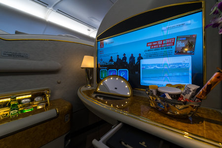 BERLIN - APRIL 26, 2018: Interior and seat of the first class passengers of the world's largest aircraft Airbus A380. Emirates Airline. Exhibition ILA Berlin Air Show 2016のeditorial素材