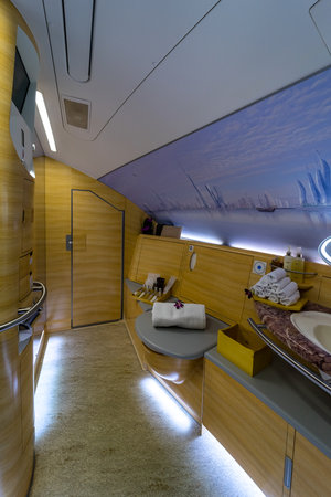 BERLIN - APRIL 26, 2018: Shower room for the passengers the first and business class of the world's largest aircraft Airbus A380. Emirates Airline. Exhibition ILA Berlin Air Show 2018のeditorial素材
