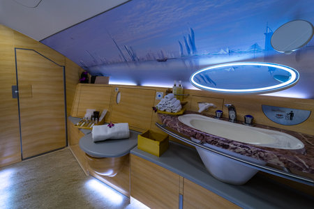 BERLIN - APRIL 26, 2018: Shower room for the passengers the first and business class of the world's largest aircraft Airbus A380. Emirates Airline. Exhibition ILA Berlin Air Show 2018のeditorial素材