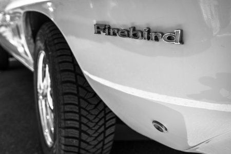 BERLIN - MAY 06, 2018: Fragment of muscle car Pontiac Firebird, 1969. Close-up. Black and white. Oldtimertage Berlin-Brandenburg (31th Berlin-Brandenburg Oldtimer Day).のeditorial素材