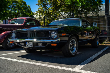 BERLIN - MAY 06, 2018: Pony car Plymouth Barracuda, 1974. Oldtimertage Berlin-Brandenburg (31th Berlin-Brandenburg Oldtimer Day).のeditorial素材