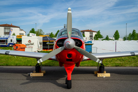 BERLIN - APRIL 27, 2018: Utility liaison or training monoplane Piaggio P.149D on the airfield. Exhibition ILA Berlin Air Show 2018.のeditorial素材